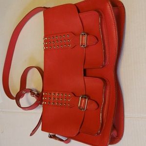 VGUC. Rebecca Minkoff silver studded red leather saddle bag.